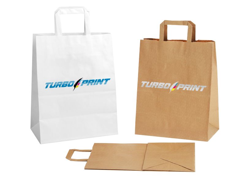 Buste di carta con manico piatto, marrone / bianco