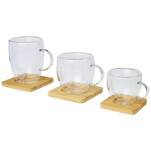Set di 2 tazze in vetro a doppia parete da 100 ml con sottobicchiere in bambù Manti