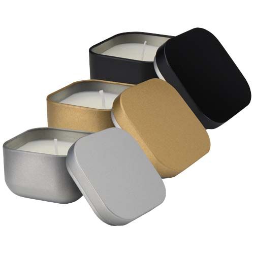 Candela in scatola di latta quadrata all'aroma di vaniglia Tindra