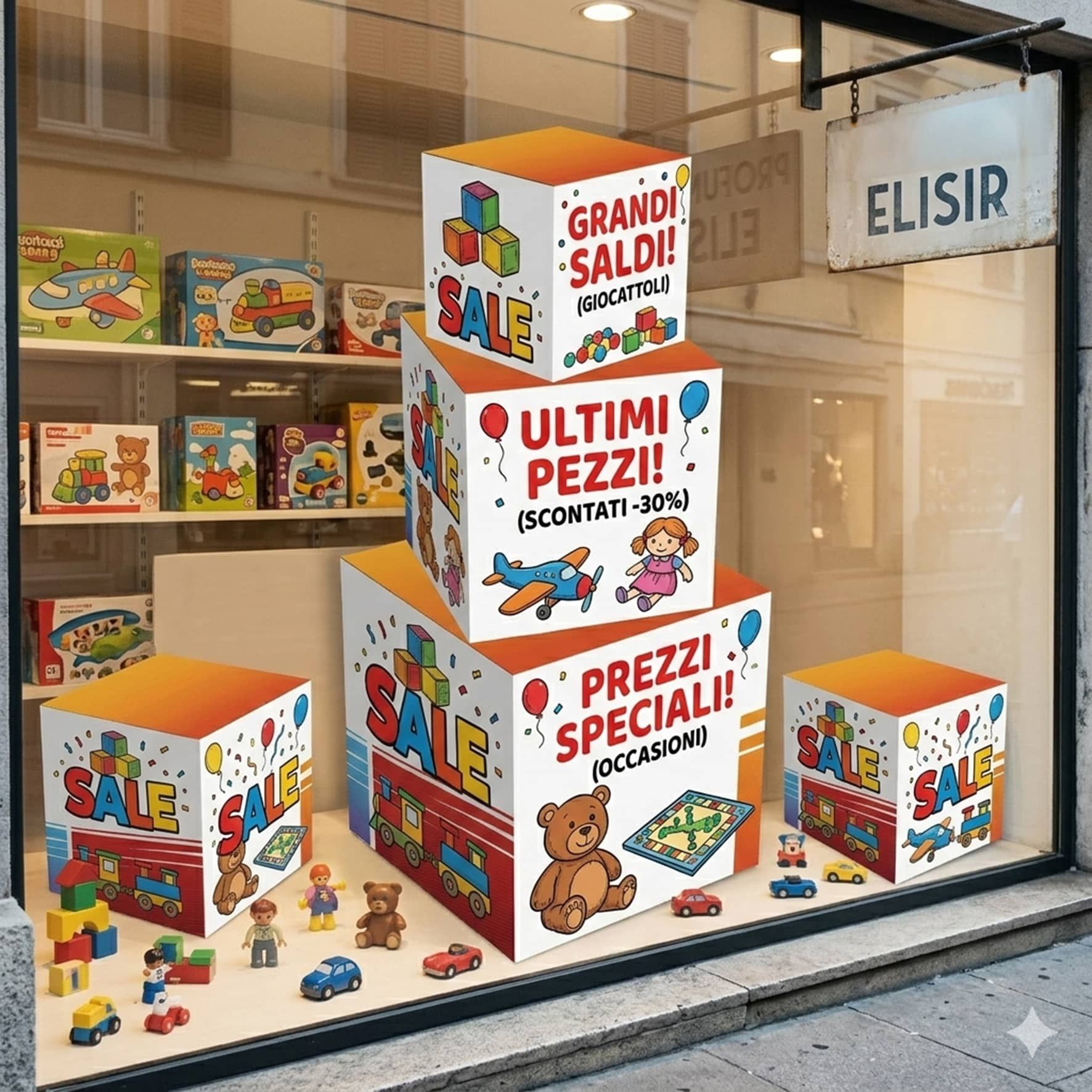 Cubi in cartone personalizzati per vetrine e allestimenti