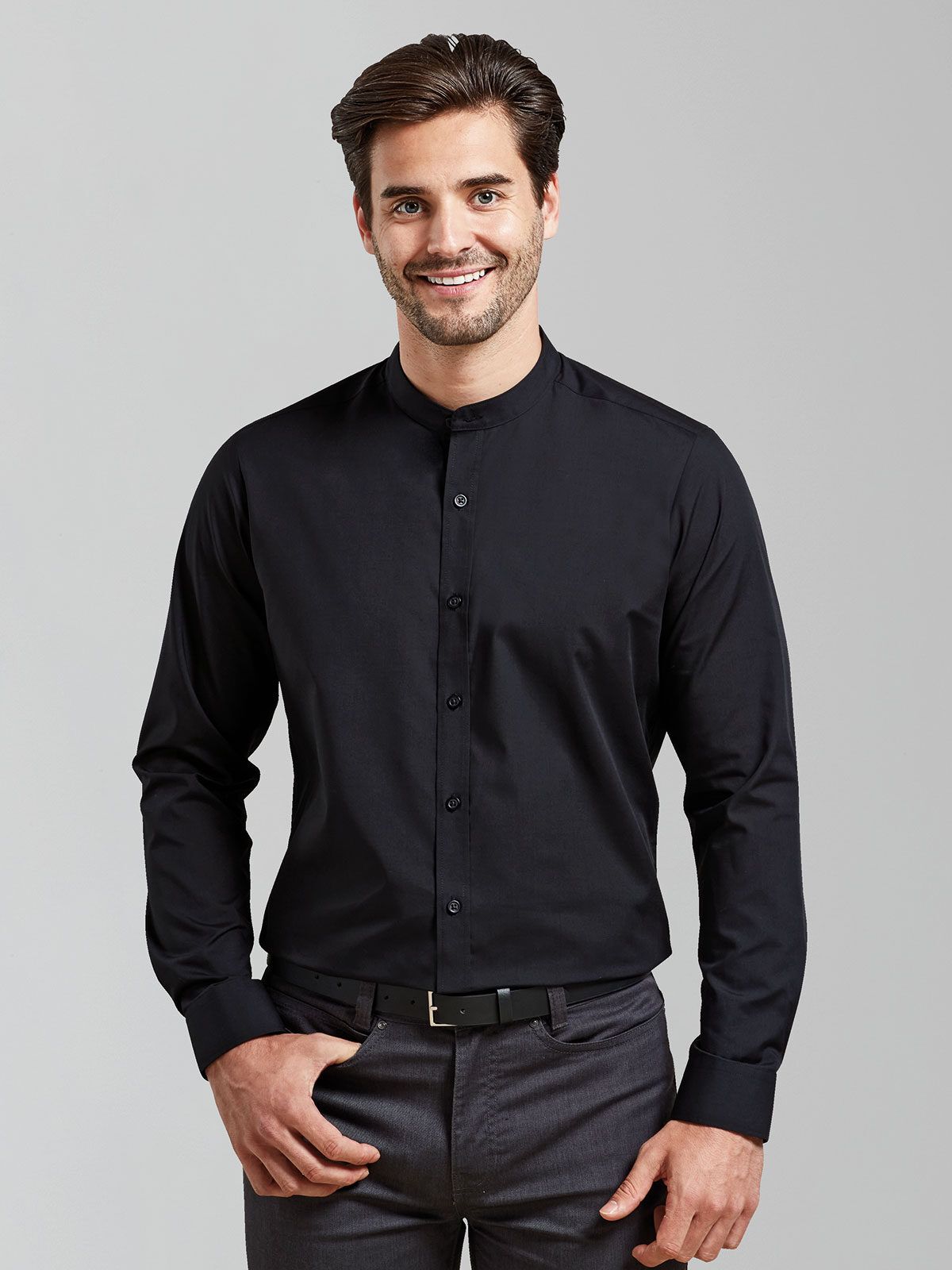 Banded Collar 'Grandad' Long Sleeve Shirt - Premier